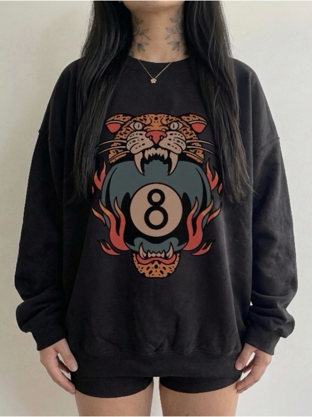 Lucky Leopard Tattoo Flash Sweatshirt, 8 Ball Alt Clothing Gym Pump Aesthetic